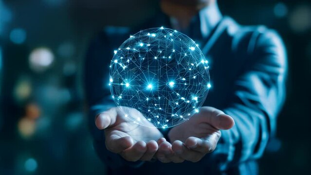 A sphere of connected networks glowing in the palm, symbolizing global connectivity and the flow of information
