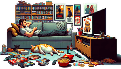 a single guy lounging on a sofa, DVDs scattered around, with his lazy cat sprawled across the remote