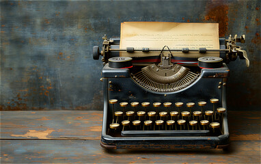 Typewriter against a concrete wall background, standing on a wooden table, with copy space. High quality photo