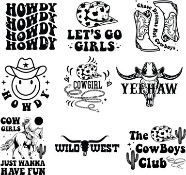 Cowboy, Yeehaw, Wild west, Bull skull, Longhorn, Western design, Cow skull silhouette, Cowgirl svg.