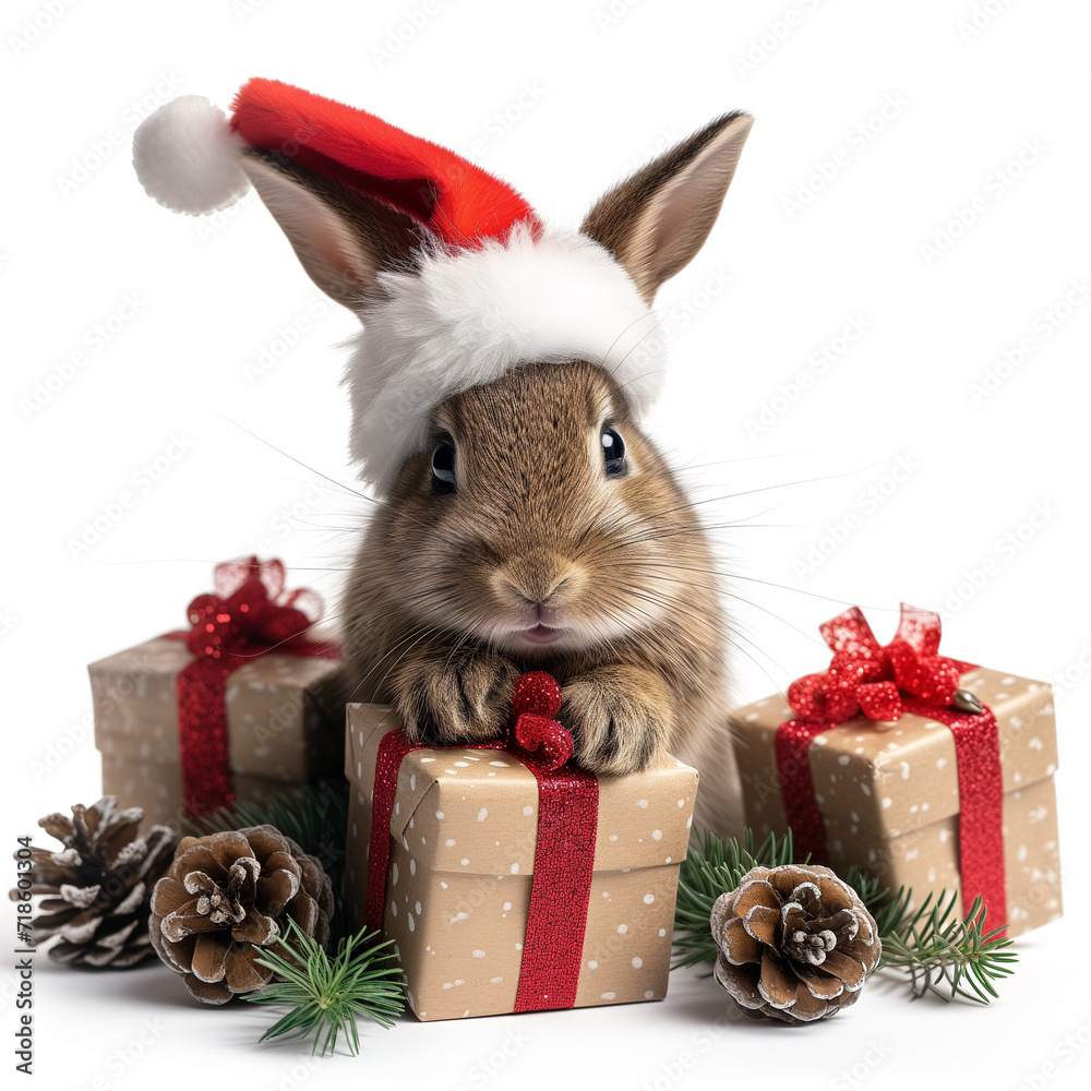 Canvas Prints A loving Easter bunny with a friendly smile. His fluffy fur shines in cheerful colors as he stands in front of a white background.