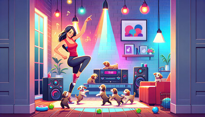  illustration of a woman dancing in her living room with her puppies attempting to join in