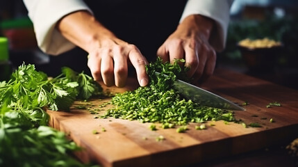 Professional Chef Finely Chopping Fresh Green Parsley on a Wooden Cutting Board. Culinary Arts and Fresh Ingredients Concept