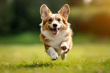 Happy corgi dog running in the park. Generative AI