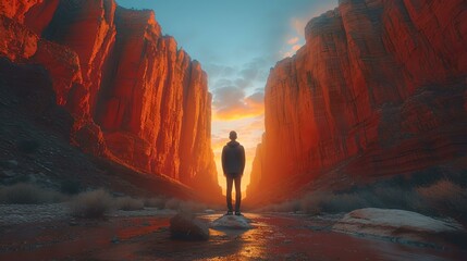 Lone explorer in a majestic canyon during sunset. captivating nature's beauty. ideal for background and contemplation. serene and vast landscape. AI