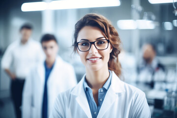 Young woman researcher in lab attire and protective glasses, exuding brilliance and curiosity, in a high-tech medical laboratory. AI Generative - obrazy, fototapety, plakaty