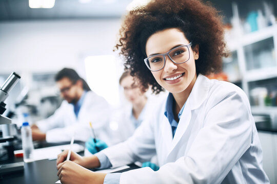 Young woman researcher in lab attire and protective glasses, exuding brilliance and curiosity, in a high-tech medical laboratory. AI Generative