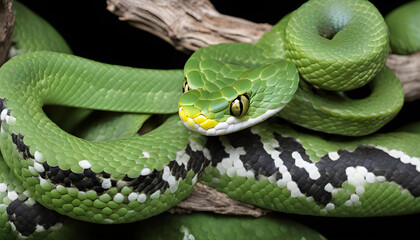 Obraz premium green viper snake on branch background