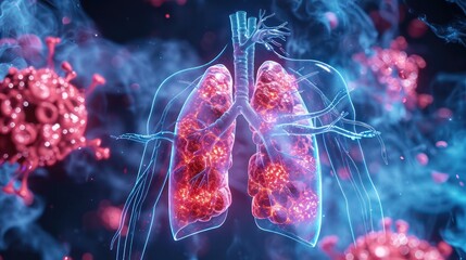 Holographic concept of lung cancer display, lung disease, treatment of lung cancer, lung illness such as pneumonia, viral infections or cancer