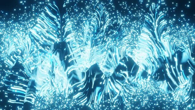 abstract looping animated background. Particles glowing with blue white light fly on a black background. 3d render