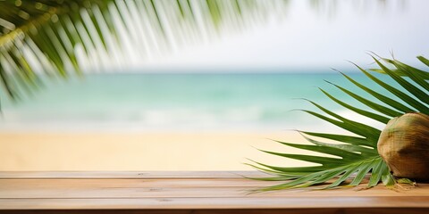 Tropical beach photo with green palm leaf and wooden table for product advertisement.