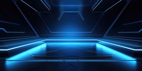 Blue purple digital hologram of podium  line vertical neon lamps abstract  futuristic