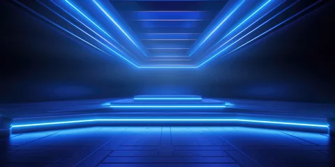 Foto op Plexiglas Blue purple digital hologram of podium  line vertical neon lamps abstract  futuristic © Eyepain
