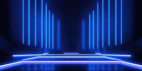 Blue purple digital hologram of podium  line vertical neon lamps abstract  futuristic
