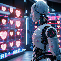 Sleek Modern Robot Gazing at Heart-Shaped Symbols: The Concept of Robots Learning Emotions