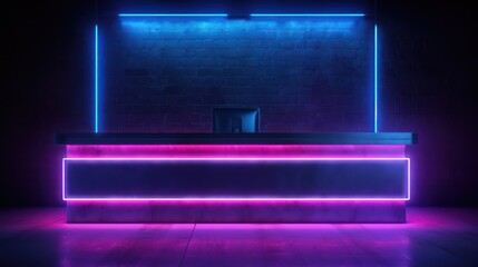 neon cyber dark themed lighting reception desk at cinema theater, gaming center or billiard club lobby reception as mockup wide banner with copy space