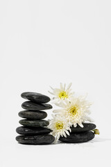 Stacked black spa stones with flowers on white background