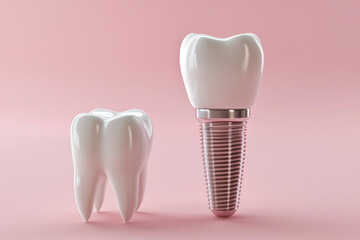 Tooth model and tooth implant on pink background.