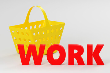 Luxury inscription work on grey podium with grocery basket, soft light, smooth background, 3d rendering