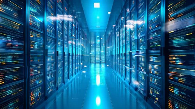 Aisle of a data center filled with rows of servers and blue light, the core of information technology
