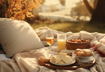 picnic tables and picnic basket with foods, beverages and straw