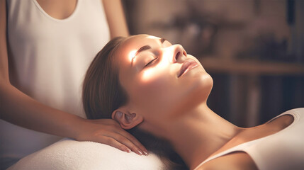 The woman lies with her eyes closed and enjoys. Performs a relaxing and therapeutic suspended head massage. The spa client threw back her head and looked younger. Wellness treatments at the spa. - obrazy, fototapety, plakaty