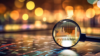 Fototapeta premium Magnifying Glass Close-Up With City Background. Business Control over quotes and shares. Market research. Trader.