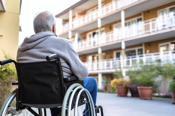 Obraz premium Man in Wheelchair Gazing Out Window, Depicting Loneliness and Isolation