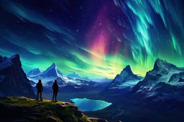 A man standing and looking at the Aurora ,Hiker admiring the Northern Lights