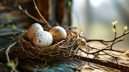 Obraz premium Bird Nest Filled With Eggs on Wooden Table