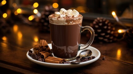 A glass of creamy hot chocolate, topped with a swirl of whipped cream