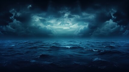 A haunting scene with a black and blue sky, eerie clouds, and a menacing sea.