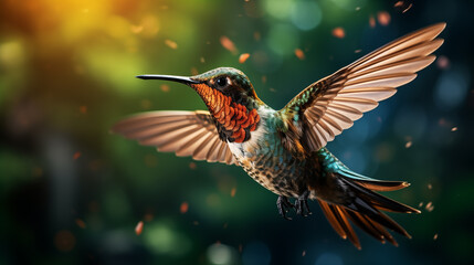 Fototapeta premium Hummingbird in flight. Flying hummingbird with green forest in background. Small colorful bird in flight.