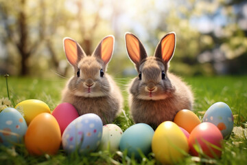Fototapeta na wymiar Two Easter fluffy bunny rabbit sitting green grass surrounded by colorful easter eggs on green garden nature with flowers background on warming spring day. Symbol of easter day festival celebration