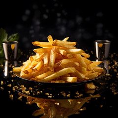 Freshly cooked French fries with salt on dark background. Delicious fast food snacks for lunch or dinner.