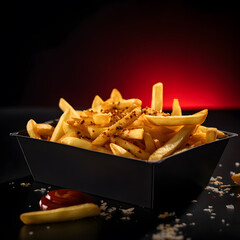 Freshly cooked French fries or potato chips in a carton box on a dark background. Delicious fast food snacks for lunch or dinner.