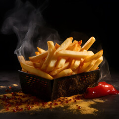 Delicious french fries or potato chips with ketchup in a plate on dark background. Unhealthy Fast Food Meal