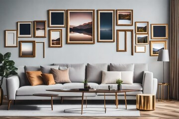 mockup frame of different size behind the white sofa