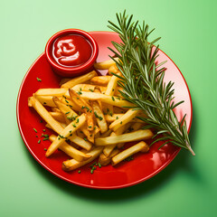 Delicious french fries or potato chips with ketchup in a plate. Unhealthy Fast Food Meal