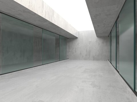 Abstract futuristic concrete and glass architecture. Minimalistic interior.