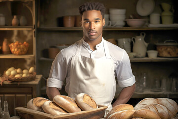 Baker Holding Plate of Bread in Home Bakery