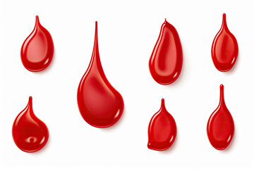 Obraz premium Set of red drops and splashes of ketchup or sauce isolated on white background