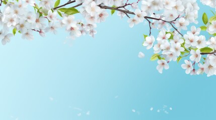 Spring banner with branches of blossoming cherry background with blue sky, 