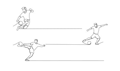 Continuous line drawing of football player jump and fly to kicking ball. Single one line art of young man playing soccer ball template