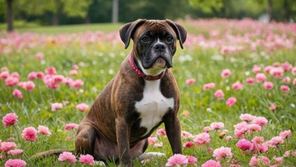 Brindle boxer in flower field