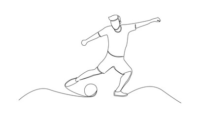 Continuous line drawing of football player jump and fly to kicking ball. Single one line art of young man playing soccer ball template