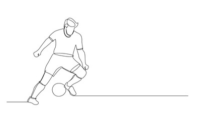 Continuous line drawing of football player jump and fly to kicking ball. Single one line art of young man playing soccer ball template