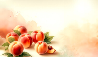 Obraz na płótnie Canvas Peaches Watercolor Background. Fruit Peach Wallpaper Backdrop