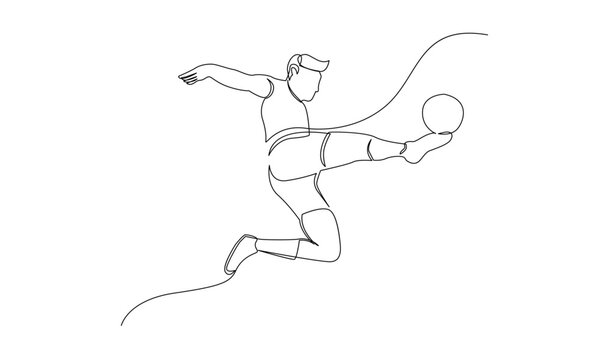 Continuous line drawing of football player jump and fly to kicking ball. Single one line art of young man playing soccer ball template