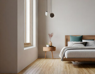 Fototapeta na wymiar Minimal bedroom wall mock up with wooden side table on wooden floor. Generative AI.